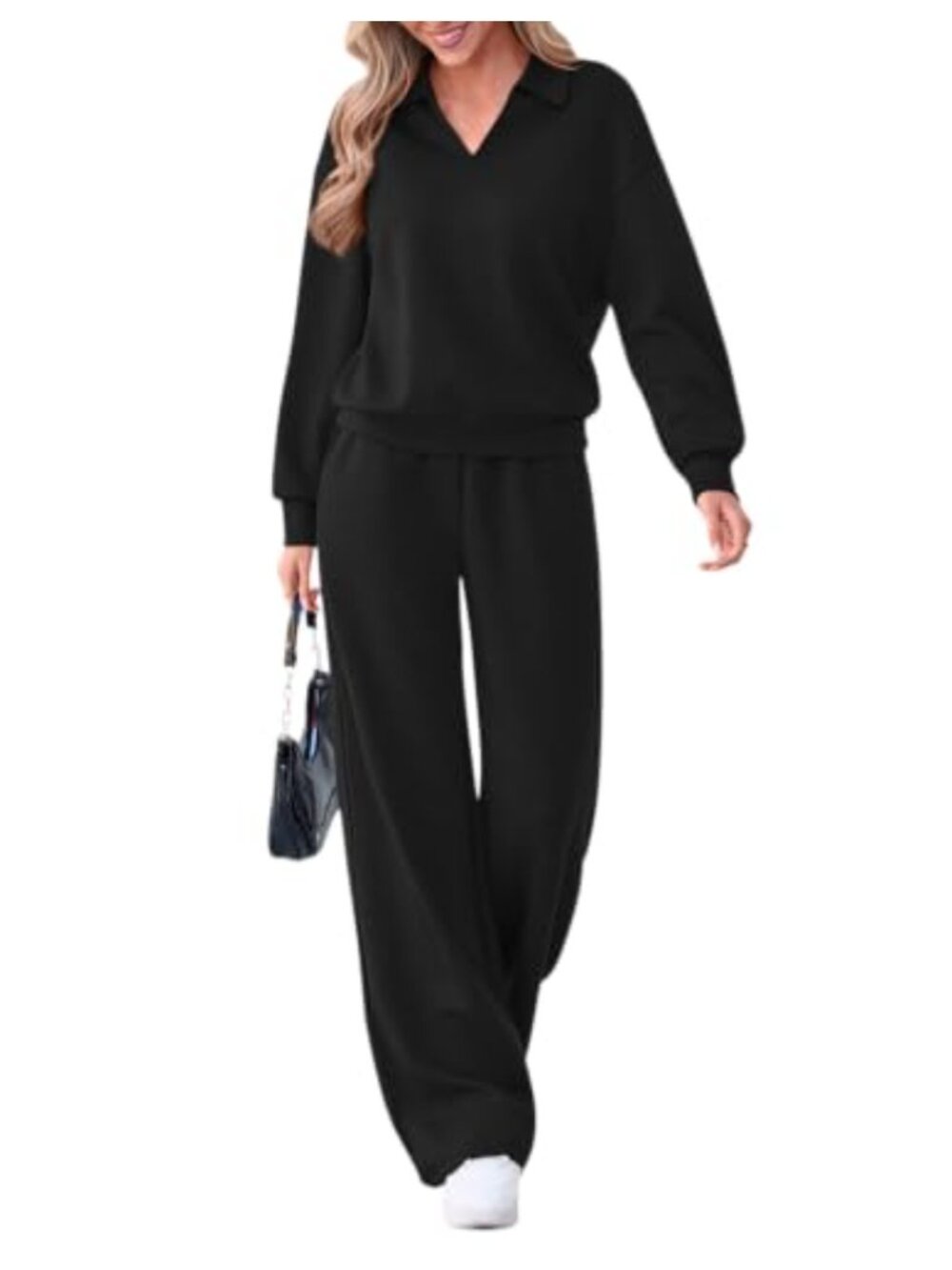 Womens 2 Piece Sweatsuit Set Polo Long Sleeve Wide Leg Pants